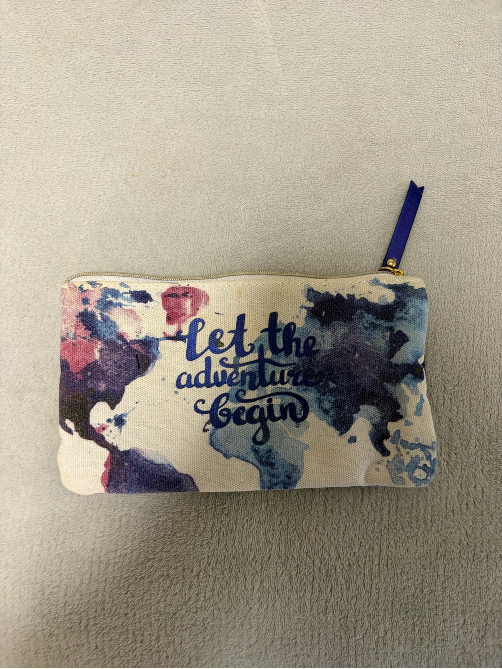 Canvas Travel Pouch 'Let the Adventure Begin' in Blue and Purple